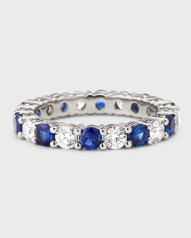 Platinum Diamond Blue Sapphire Eternity Ring Size 7.5, 2.55tcw